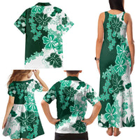 Green Hibiscus Plumeria Floral Family Matching Tank Maxi Dress and Hawaiian Shirt - Polynesian Pride