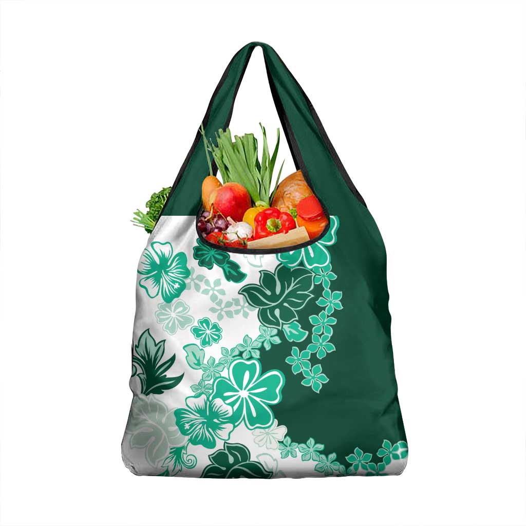 Green Hibiscus Plumeria Floral Grocery Bag - Polynesian Pride