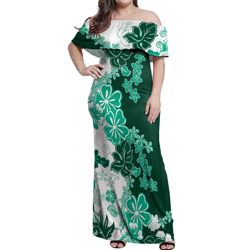 Green Hibiscus Plumeria Floral Off Shoulder Maxi Dress - Polynesian Pride