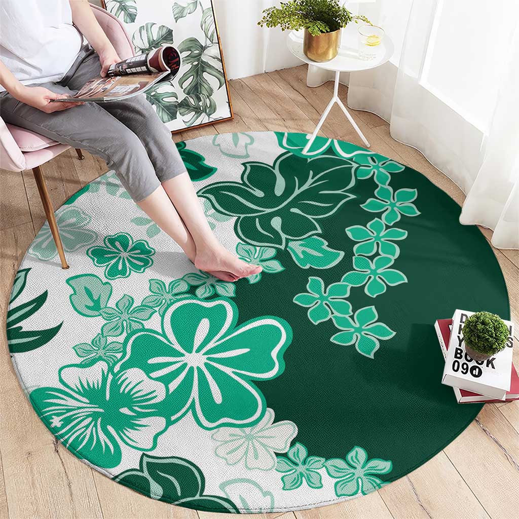 Green Hibiscus Plumeria Floral Round Carpet - Polynesian Pride