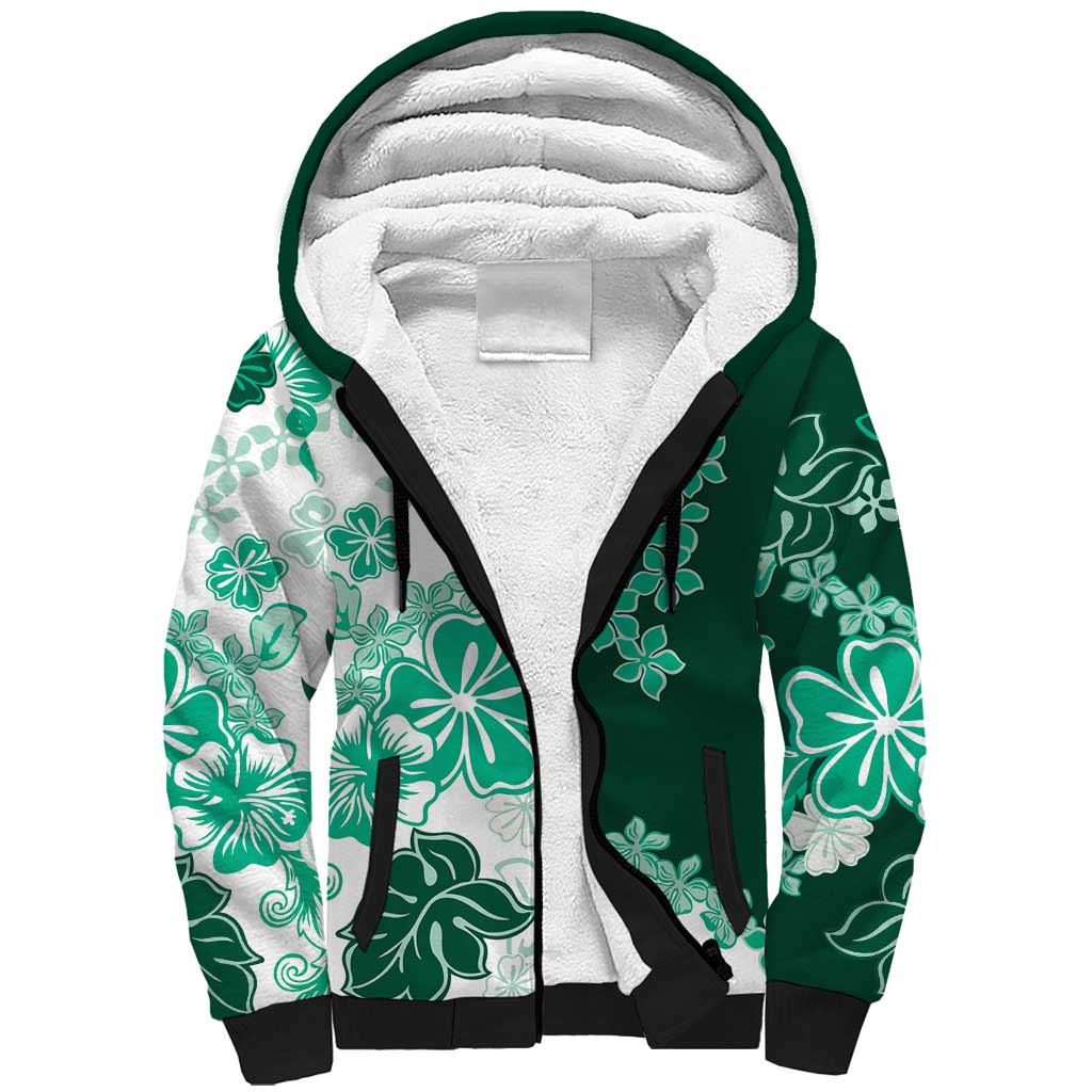Green Hibiscus Plumeria Floral Sherpa Hoodie - Polynesian Pride