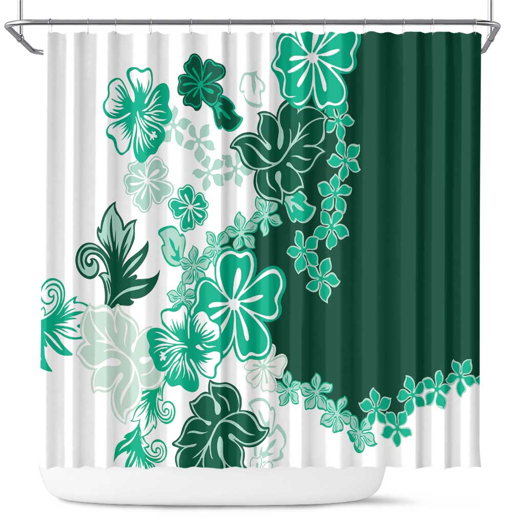 Green Hibiscus Plumeria Floral Shower Curtain - Polynesian Pride