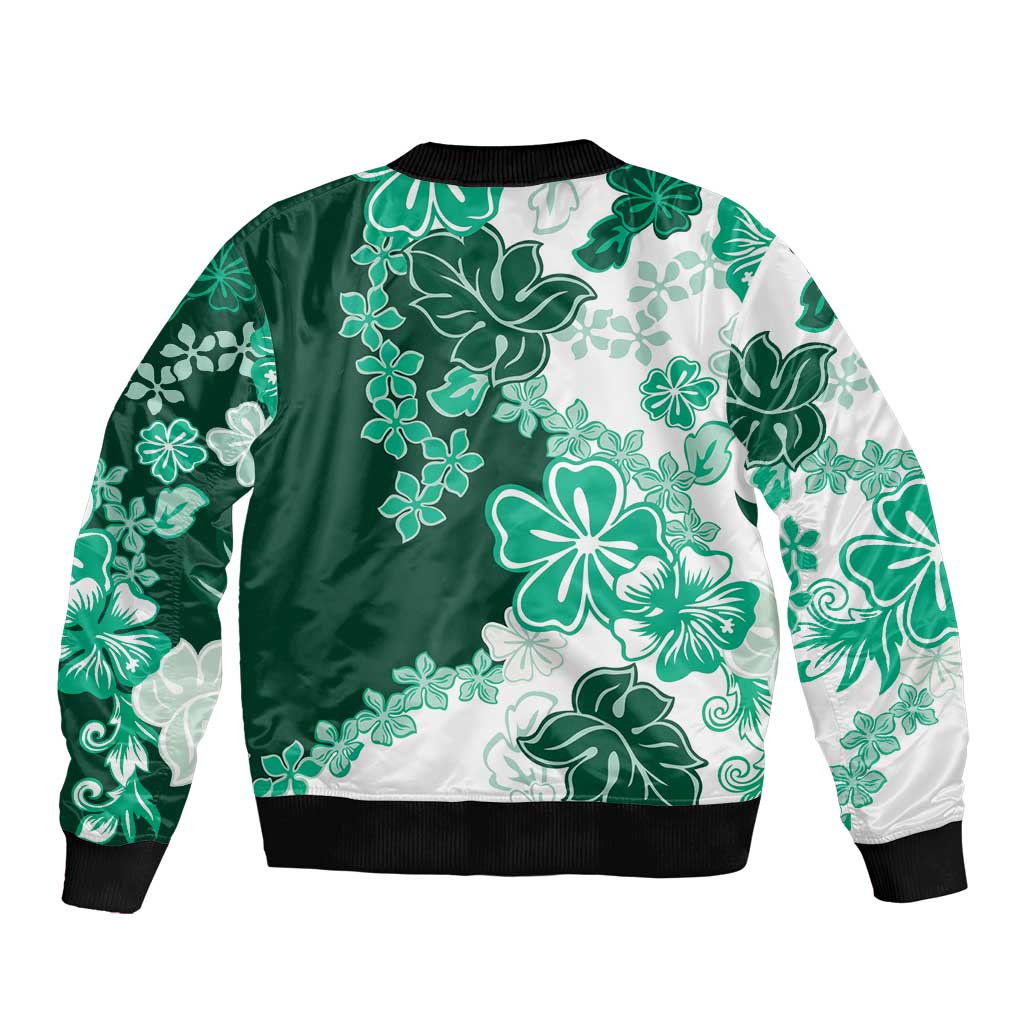 Green Hibiscus Plumeria Floral Sleeve Zip Bomber Jacket - Polynesian Pride