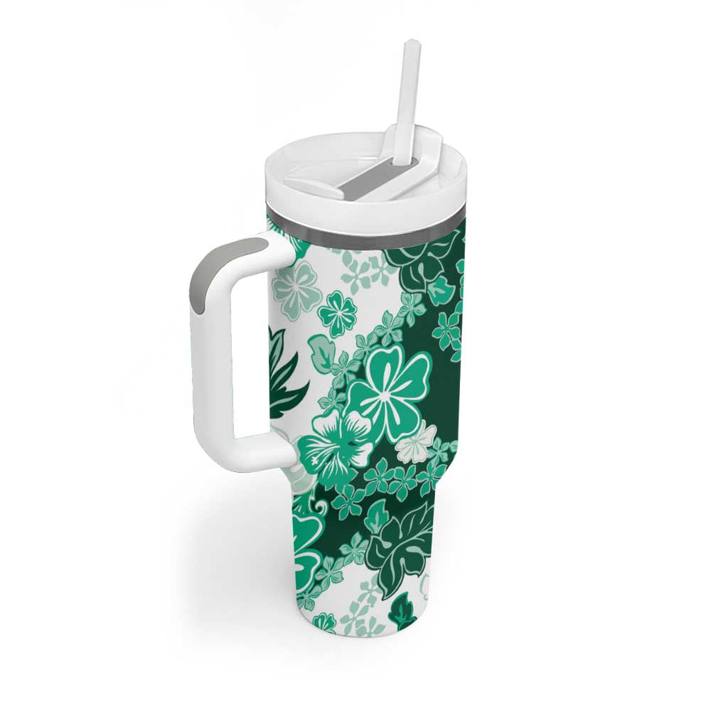 Green Hibiscus Plumeria Floral Tumbler With Handle - Polynesian Pride