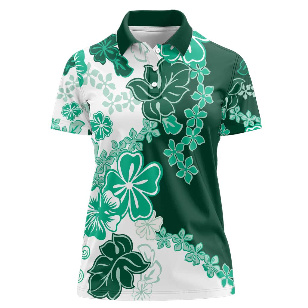 Green Hibiscus Plumeria Floral Women Polo Shirt - Polynesian Pride