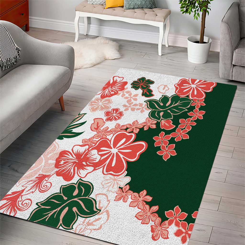 Green Orange Hibiscus Plumeria Floral Area Rug - Polynesian Pride
