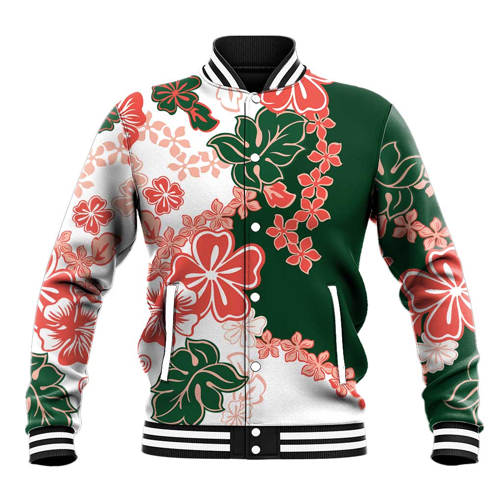 Green Orange Hibiscus Plumeria Floral Baseball Jacket - Polynesian Pride