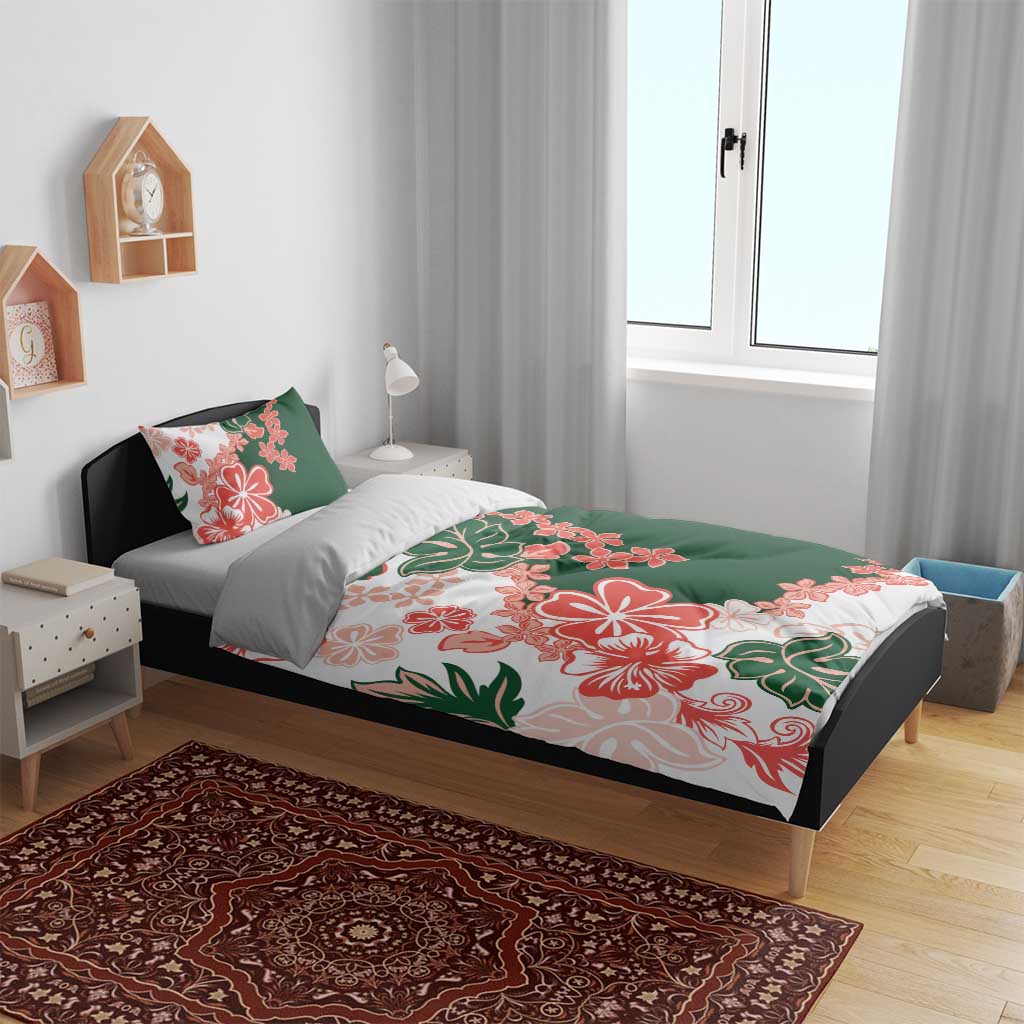 Green Orange Hibiscus Plumeria Floral Bedding Set - Polynesian Pride
