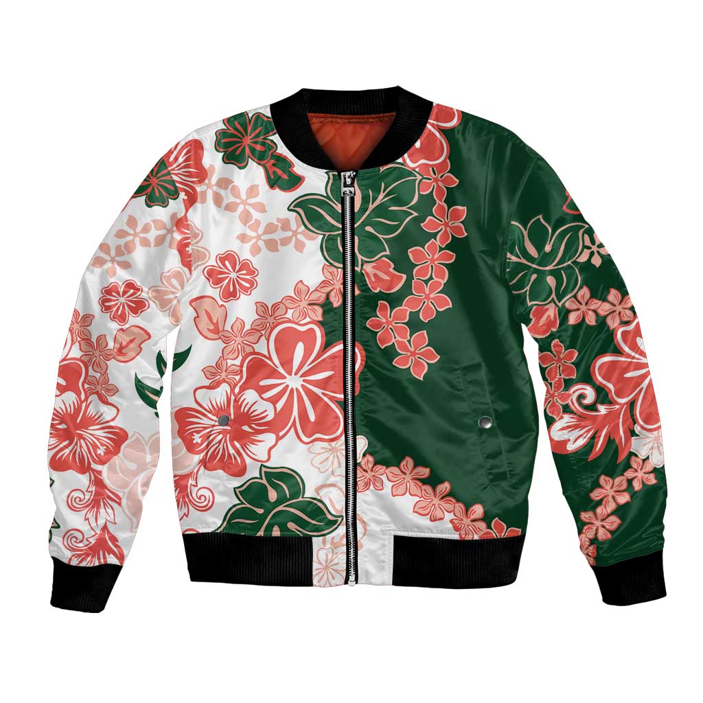 Green Orange Hibiscus Plumeria Floral Bomber Jacket - Polynesian Pride