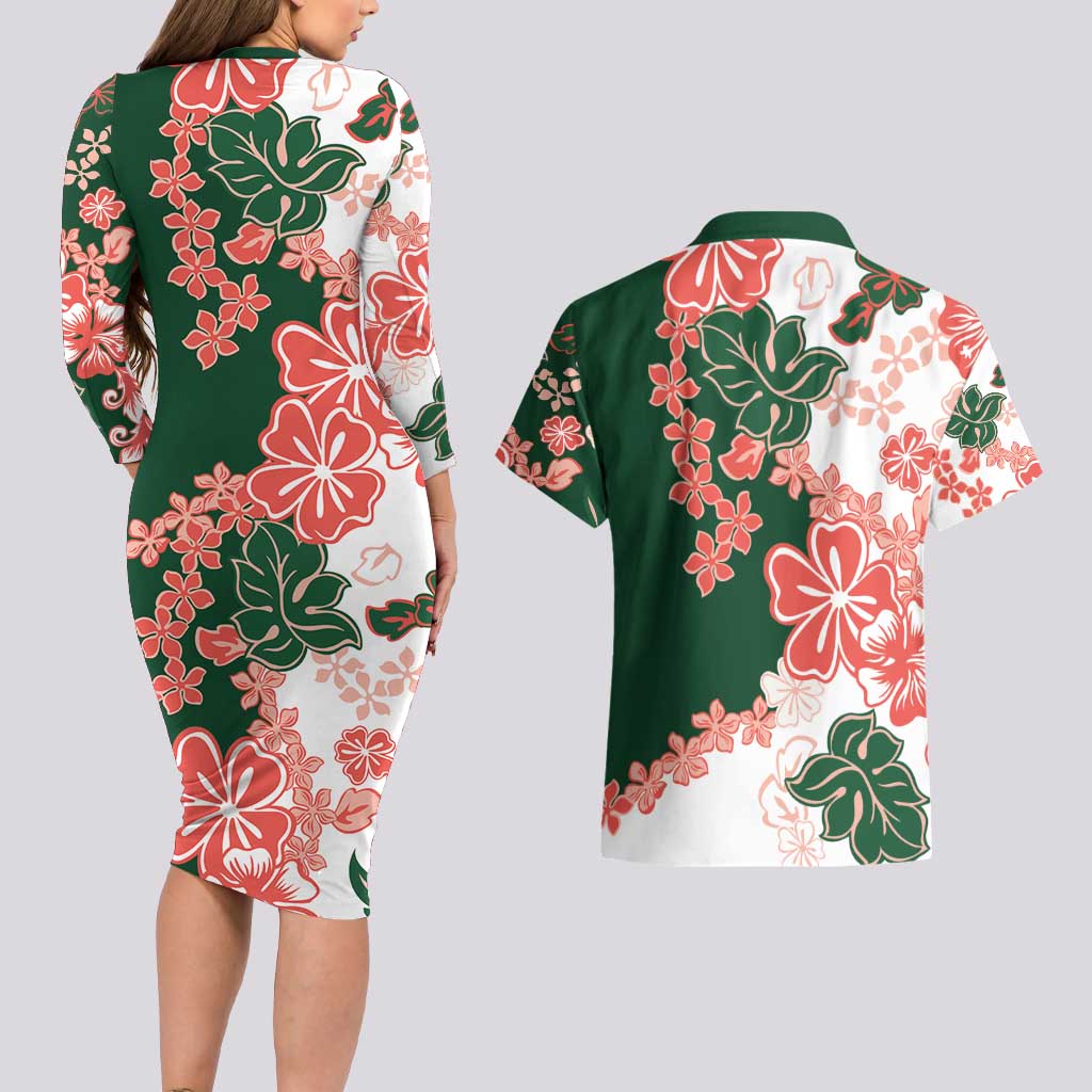 Green Orange Hibiscus Plumeria Floral Couples Matching Long Sleeve Bodycon Dress and Hawaiian Shirt LT01 - Polynesian Pride