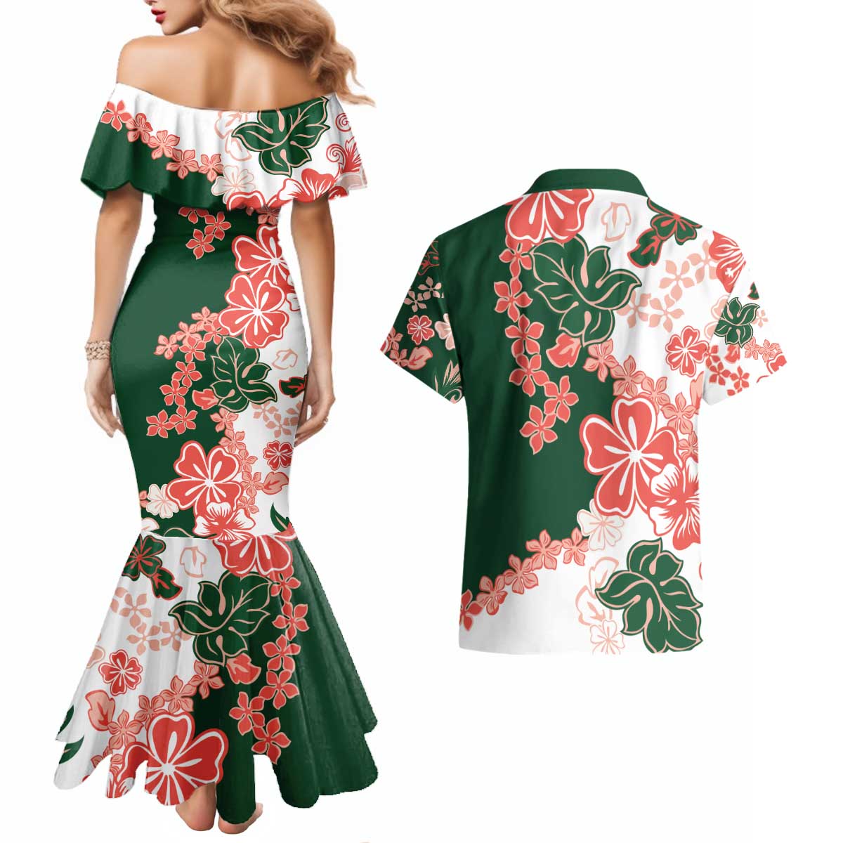 Green Orange Hibiscus Plumeria Floral Couples Matching Mermaid Dress and Hawaiian Shirt LT01 - Polynesian Pride