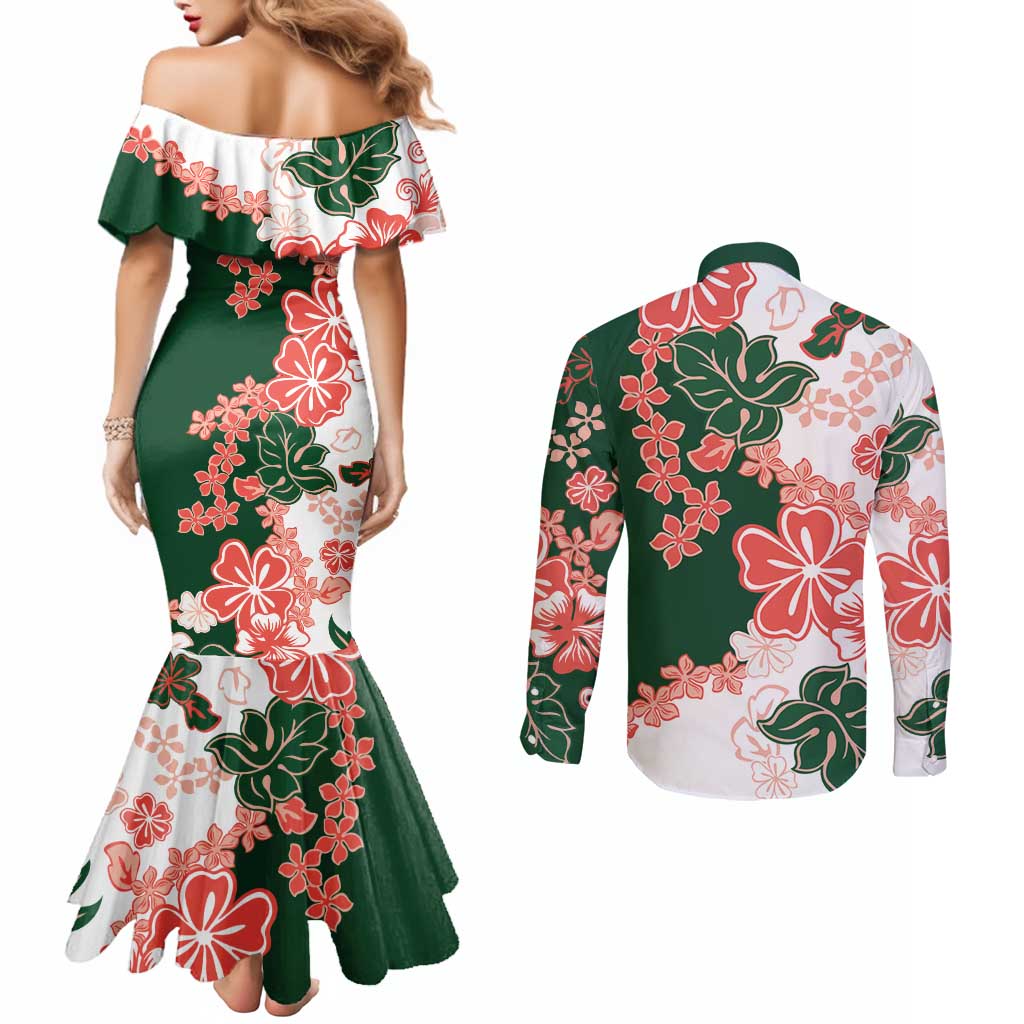 Green Orange Hibiscus Plumeria Floral Couples Matching Mermaid Dress and Long Sleeve Button Shirt - Polynesian Pride
