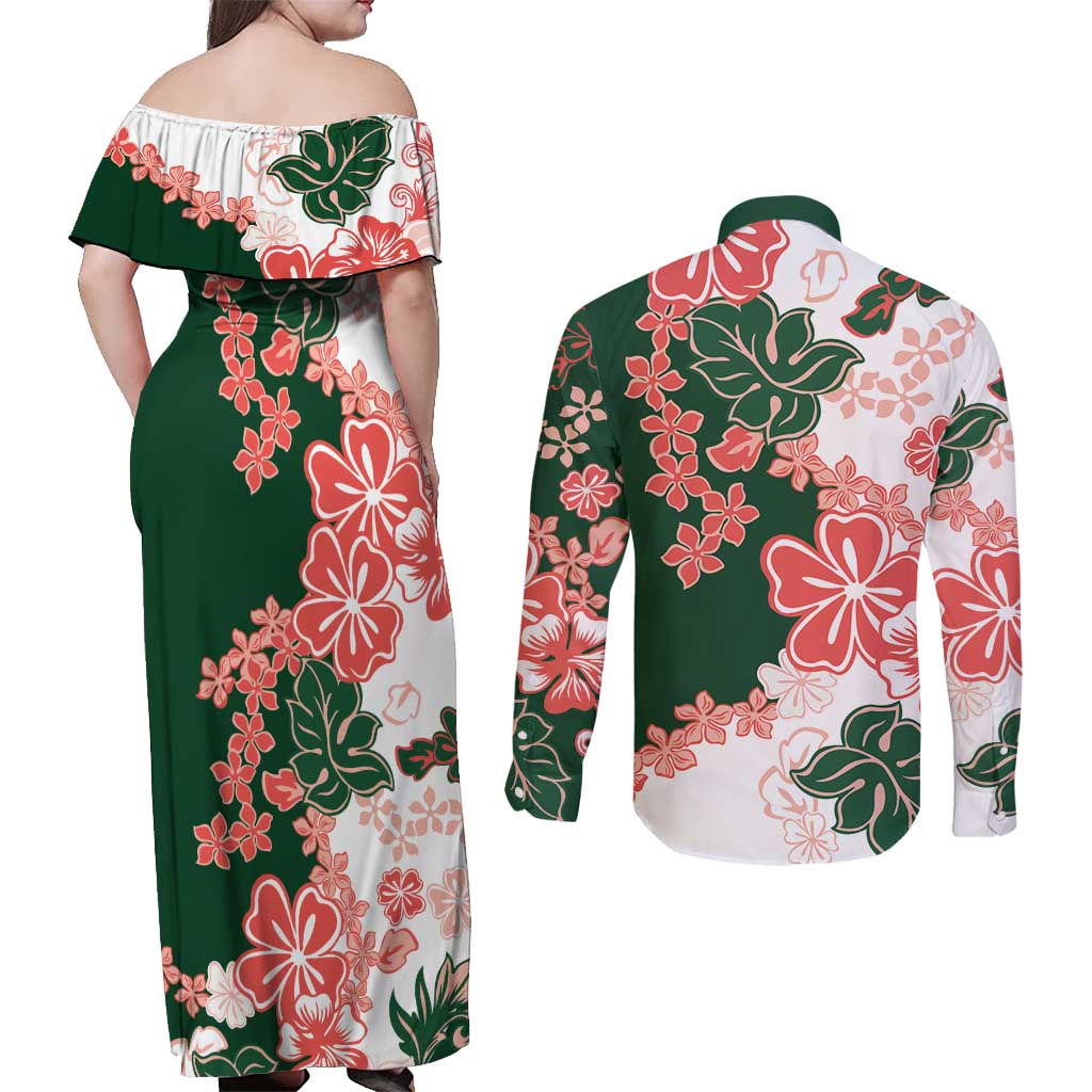 Green Orange Hibiscus Plumeria Floral Couples Matching Off Shoulder Maxi Dress and Long Sleeve Button Shirt - Polynesian Pride