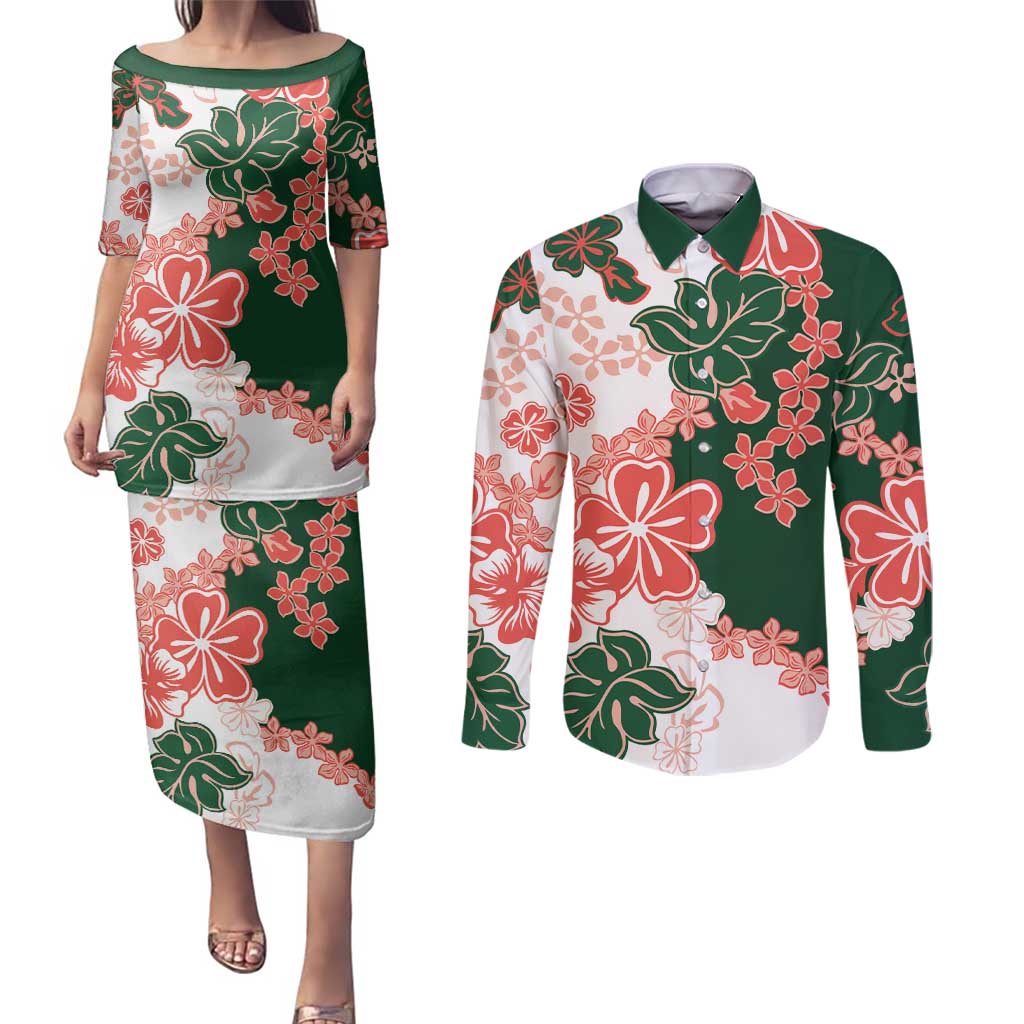Green Orange Hibiscus Plumeria Floral Couples Matching Puletasi and Long Sleeve Button Shirt - Polynesian Pride