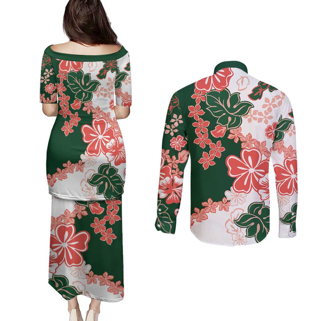 Green Orange Hibiscus Plumeria Floral Couples Matching Puletasi and Long Sleeve Button Shirt - Polynesian Pride