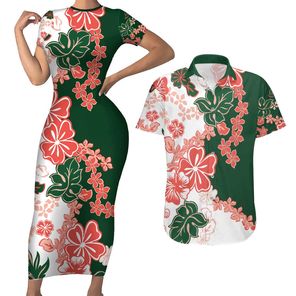 Green Orange Hibiscus Plumeria Floral Couples Matching Short Sleeve Bodycon Dress and Hawaiian Shirt LT01 Orange - Polynesian Pride