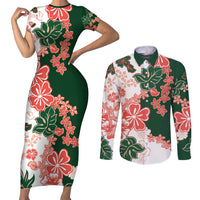 Green Orange Hibiscus Plumeria Floral Couples Matching Short Sleeve Bodycon Dress and Long Sleeve Button Shirt - Polynesian Pride