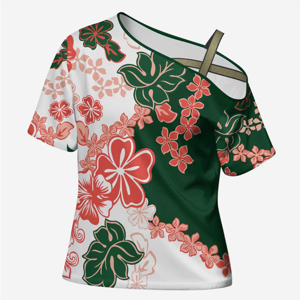 Green Orange Hibiscus Plumeria Floral Cross Shoulder Shirt - Polynesian Pride