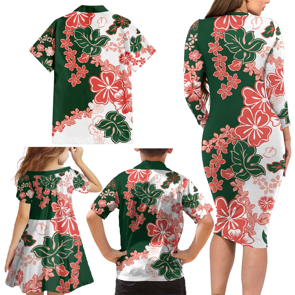 Green Orange Hibiscus Plumeria Floral Family Matching Long Sleeve Bodycon Dress and Hawaiian Shirt LT01 - Polynesian Pride