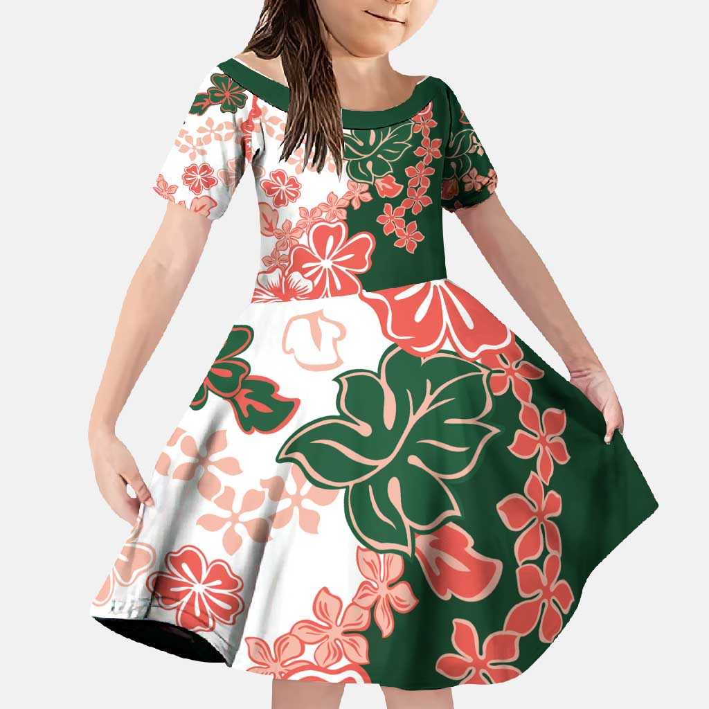 Green Orange Hibiscus Plumeria Floral Family Matching Mermaid Dress and Hawaiian Shirt LT01 Daughter's Dress Orange - Polynesian Pride