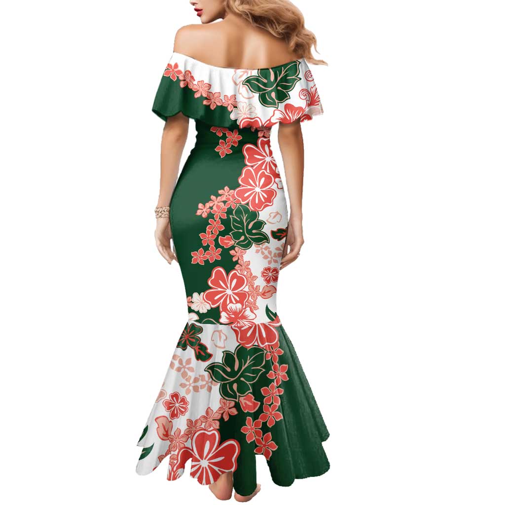 Green Orange Hibiscus Plumeria Floral Family Matching Mermaid Dress and Hawaiian Shirt LT01 - Polynesian Pride