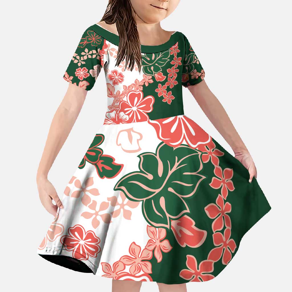Green Orange Hibiscus Plumeria Floral Family Matching Off Shoulder Maxi Dress and Hawaiian Shirt - Polynesian Pride