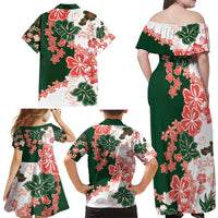 Green Orange Hibiscus Plumeria Floral Family Matching Off Shoulder Maxi Dress and Hawaiian Shirt - Polynesian Pride