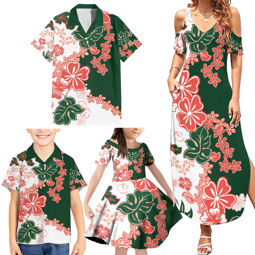 Green Orange Hibiscus Plumeria Floral Family Matching Summer Maxi Dress and Hawaiian Shirt - Polynesian Pride