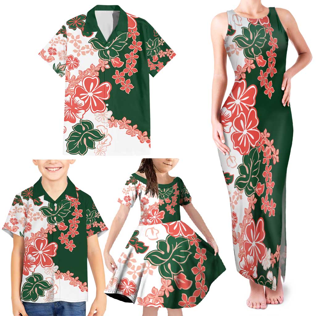 Green Orange Hibiscus Plumeria Floral Family Matching Tank Maxi Dress and Hawaiian Shirt - Polynesian Pride