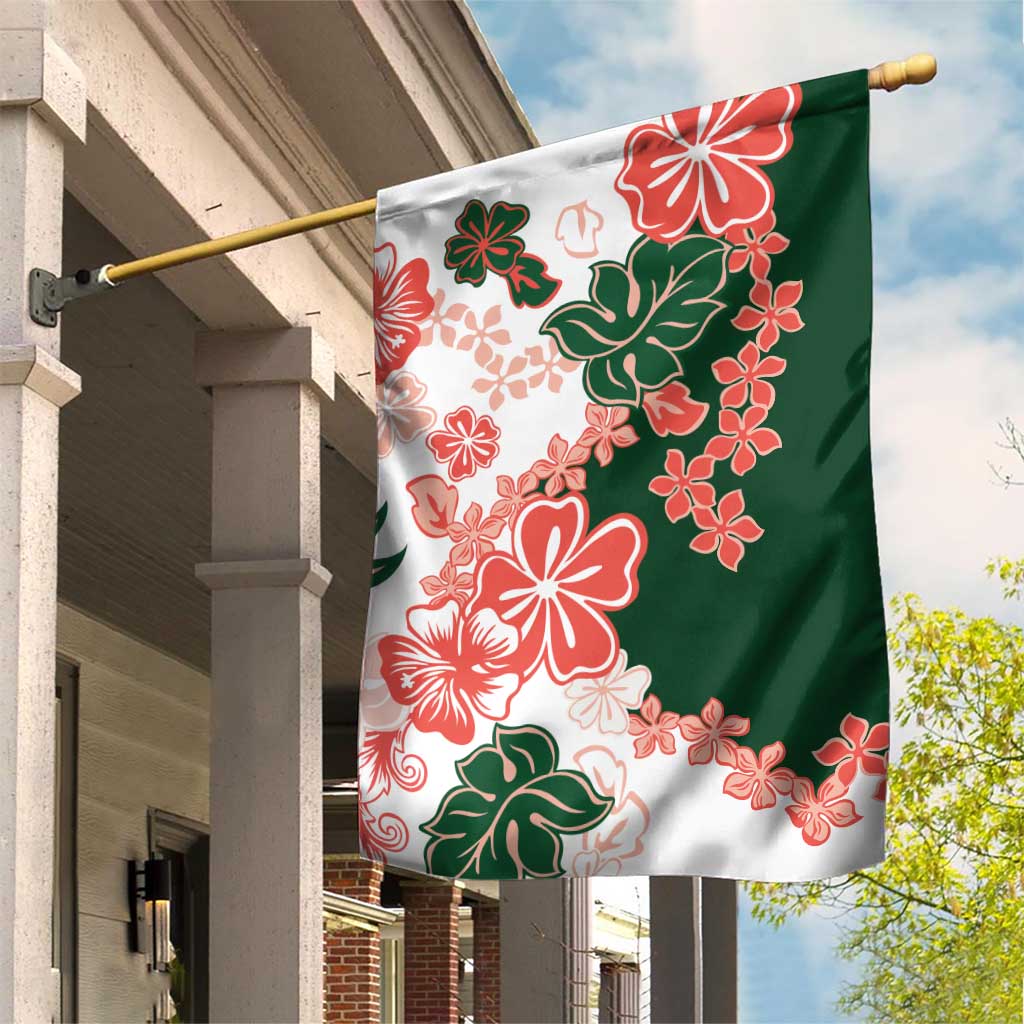 Green Orange Hibiscus Plumeria Floral Garden Flag - Polynesian Pride