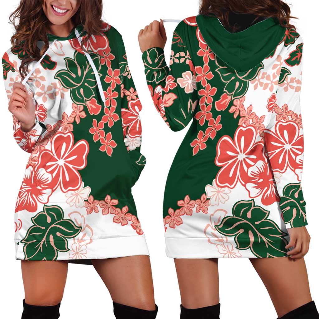 Green Orange Hibiscus Plumeria Floral Hoodie Dress - Polynesian Pride