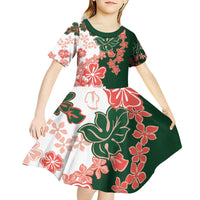 Green Orange Hibiscus Plumeria Floral Kid Short Sleeve Dress - Polynesian Pride