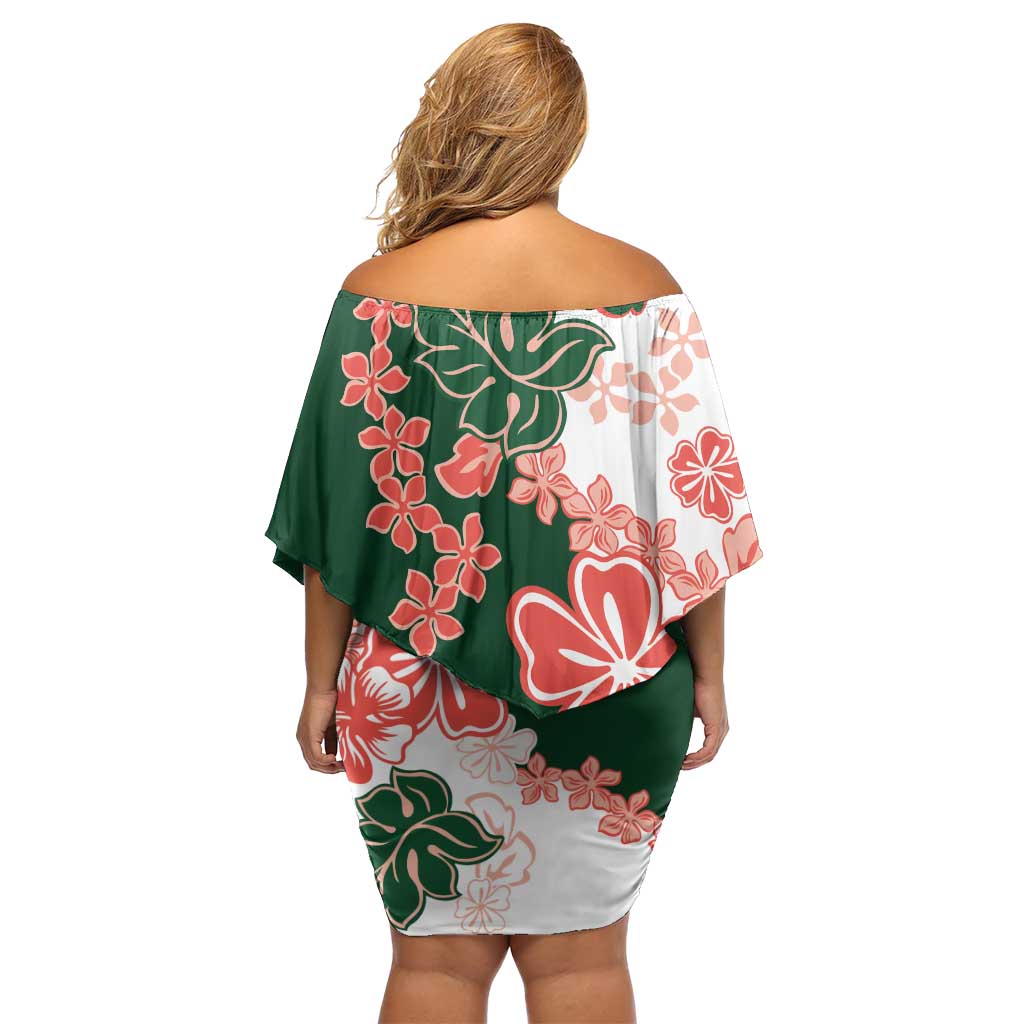 Green Orange Hibiscus Plumeria Floral Off Shoulder Short Dress - Polynesian Pride
