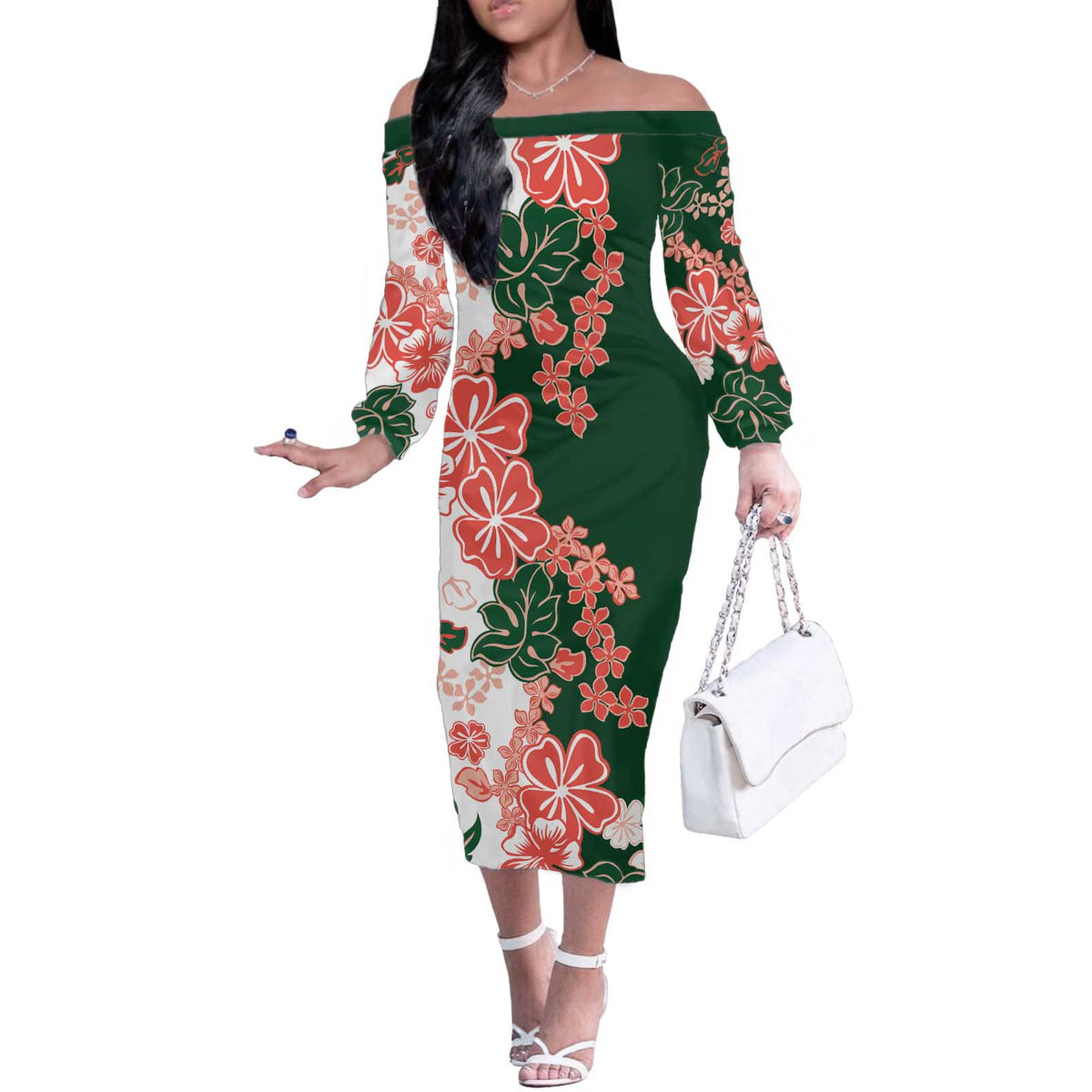 Green Orange Hibiscus Plumeria Floral Off The Shoulder Long Sleeve Dress - Polynesian Pride