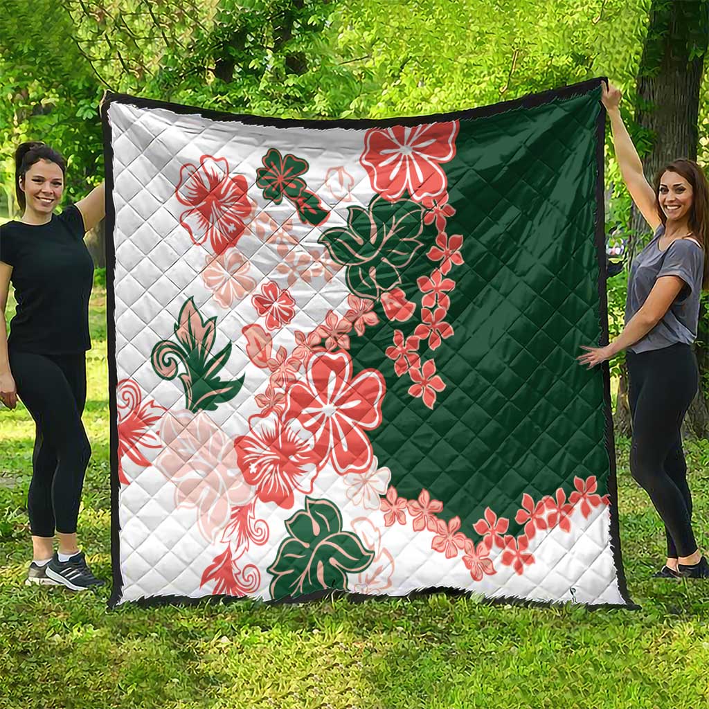 Green Orange Hibiscus Plumeria Floral Quilt - Polynesian Pride