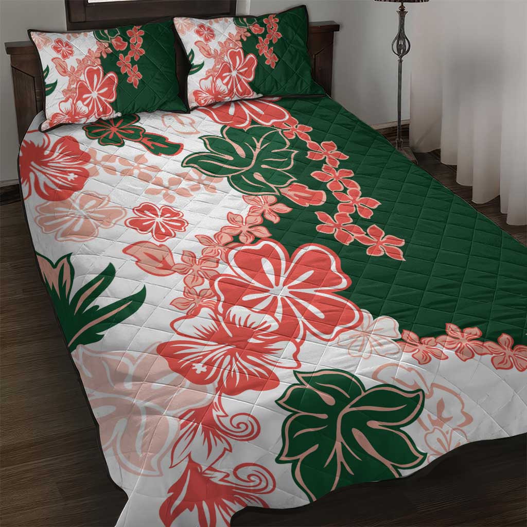 Green Orange Hibiscus Plumeria Floral Quilt Bed Set - Polynesian Pride