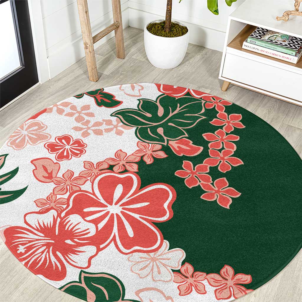 Green Orange Hibiscus Plumeria Floral Round Carpet - Polynesian Pride