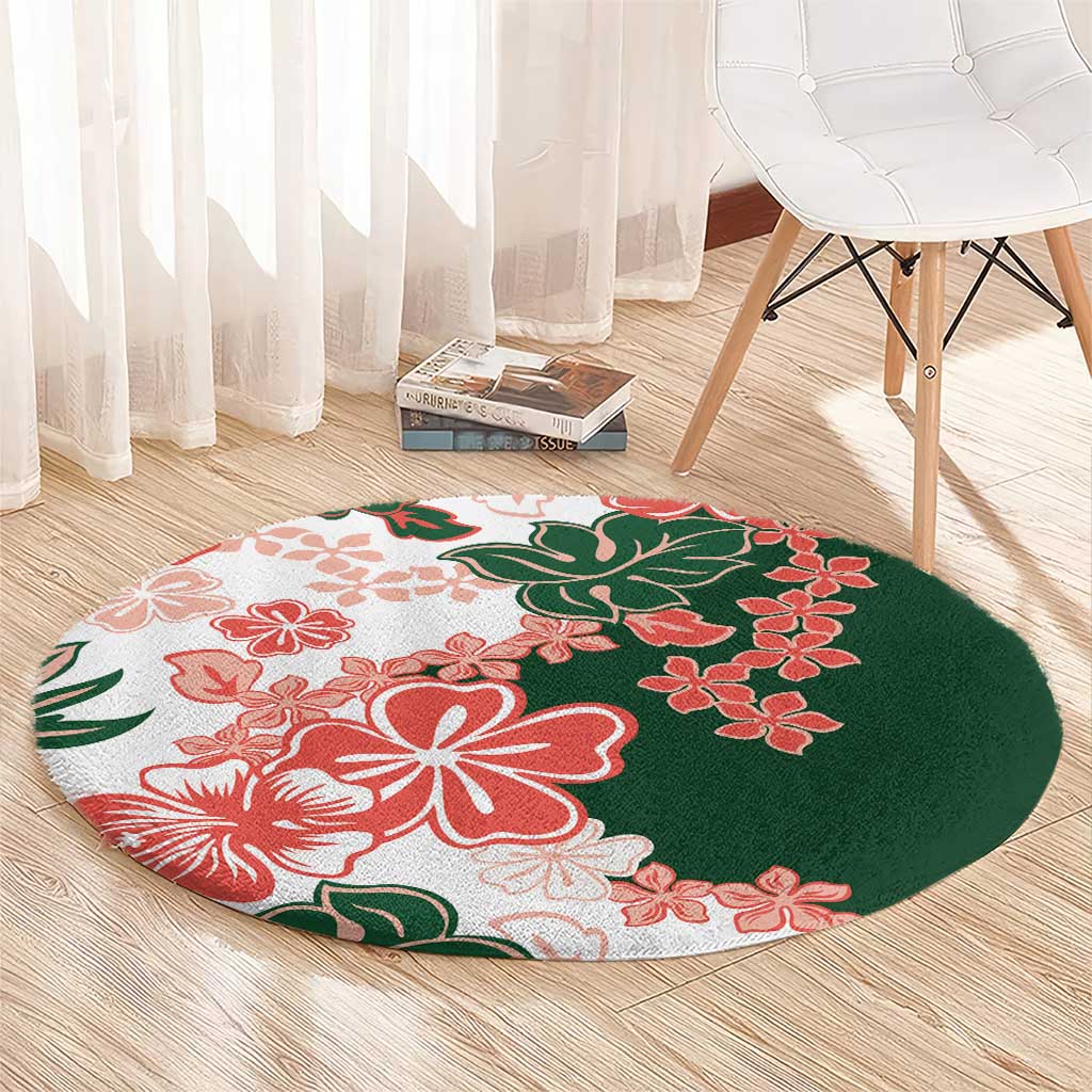 Green Orange Hibiscus Plumeria Floral Round Carpet - Polynesian Pride