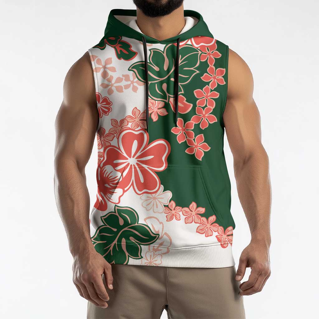 Green Orange Hibiscus Plumeria Floral Sleeveless Hoodie - Polynesian Pride