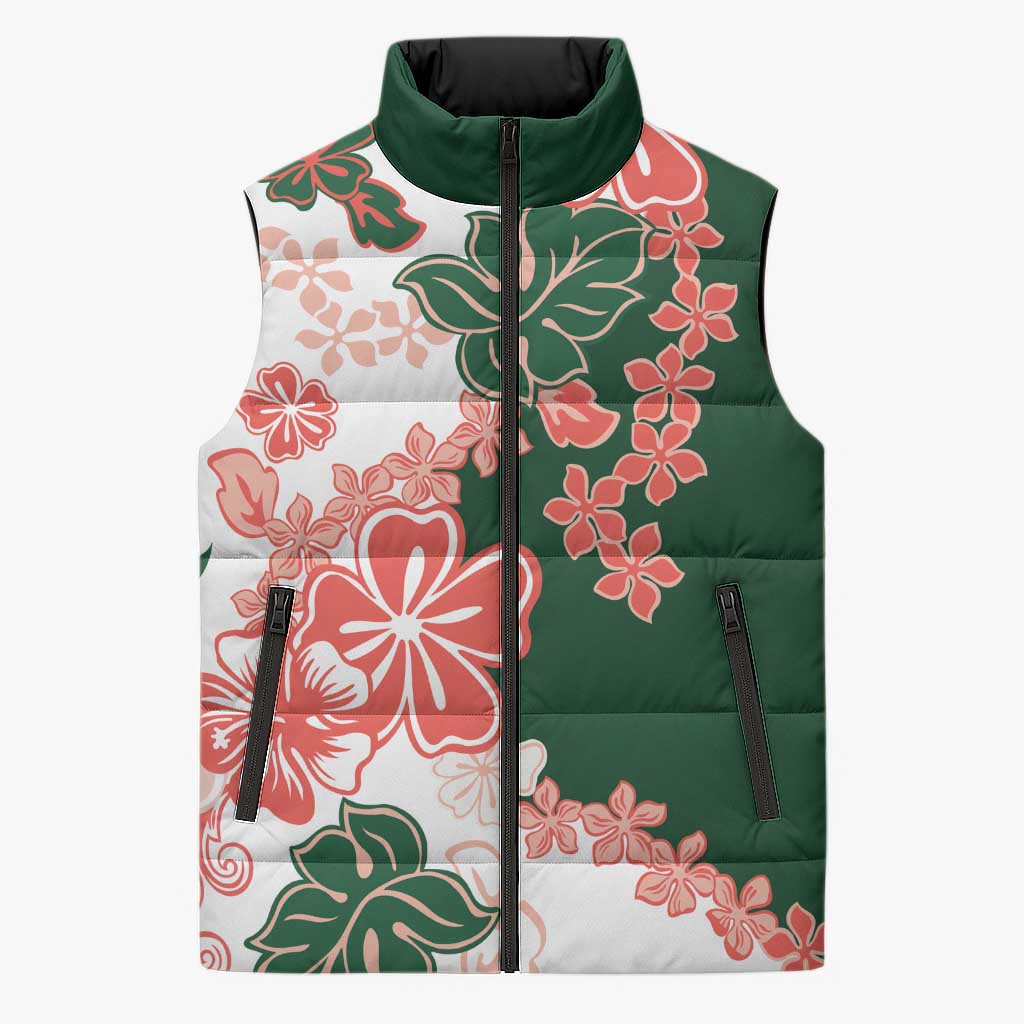 Green Orange Hibiscus Plumeria Floral Sleeveless Puffer Jacket - Polynesian Pride