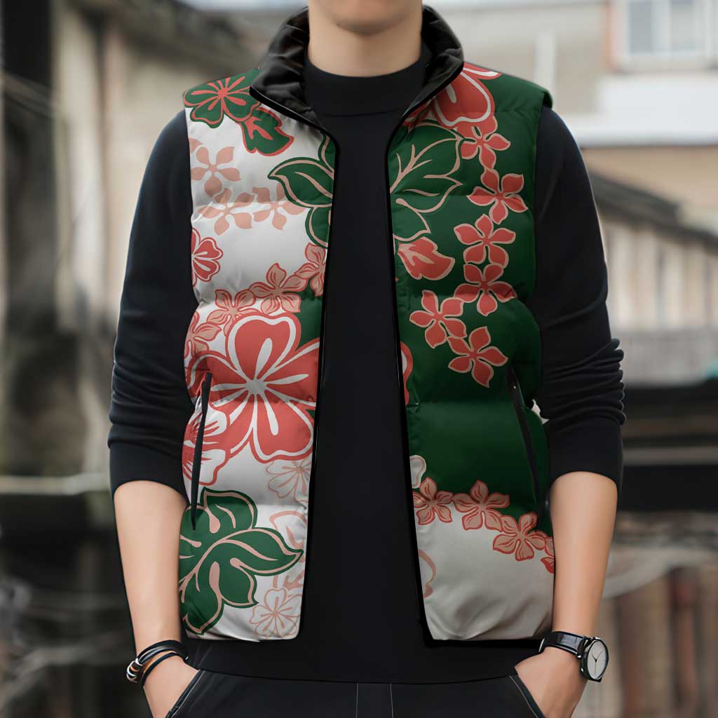 Green Orange Hibiscus Plumeria Floral Sleeveless Puffer Jacket - Polynesian Pride