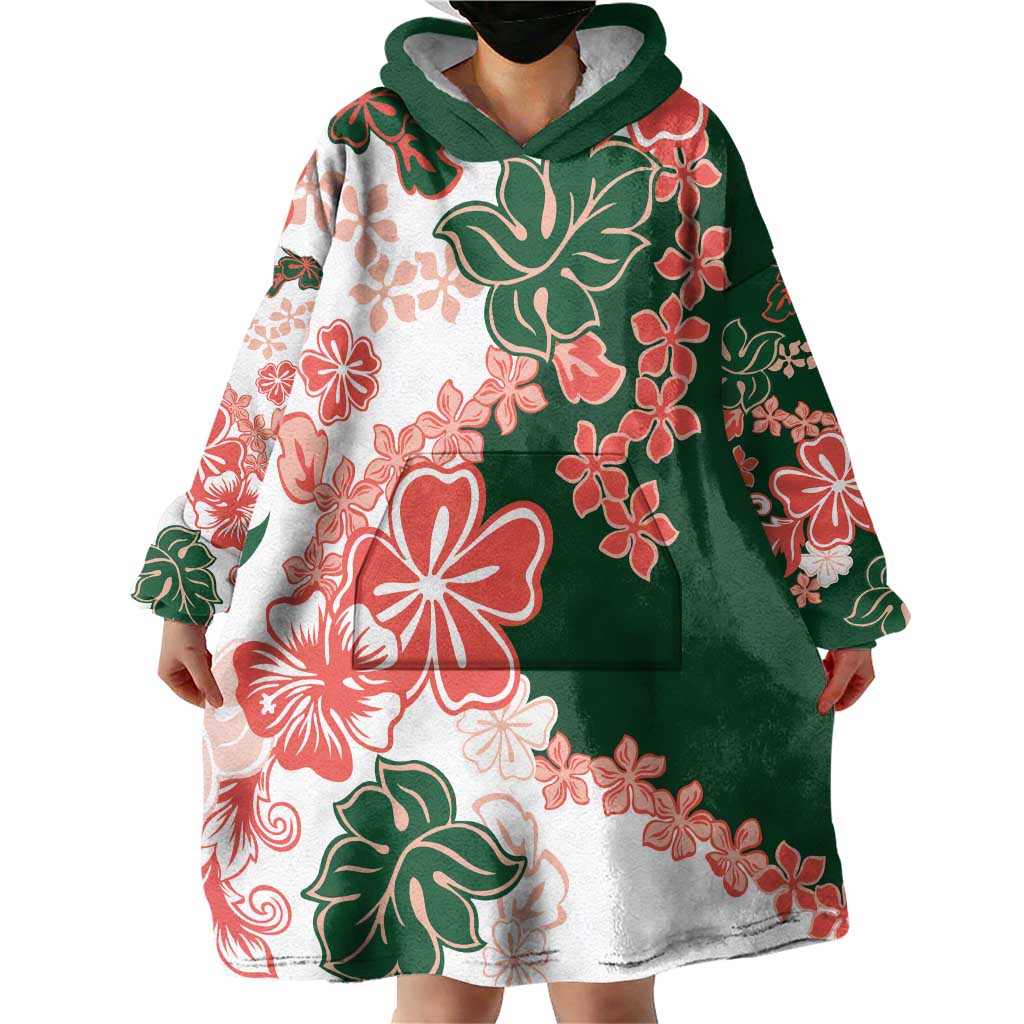 Green Orange Hibiscus Plumeria Floral Wearable Blanket Hoodie - Polynesian Pride