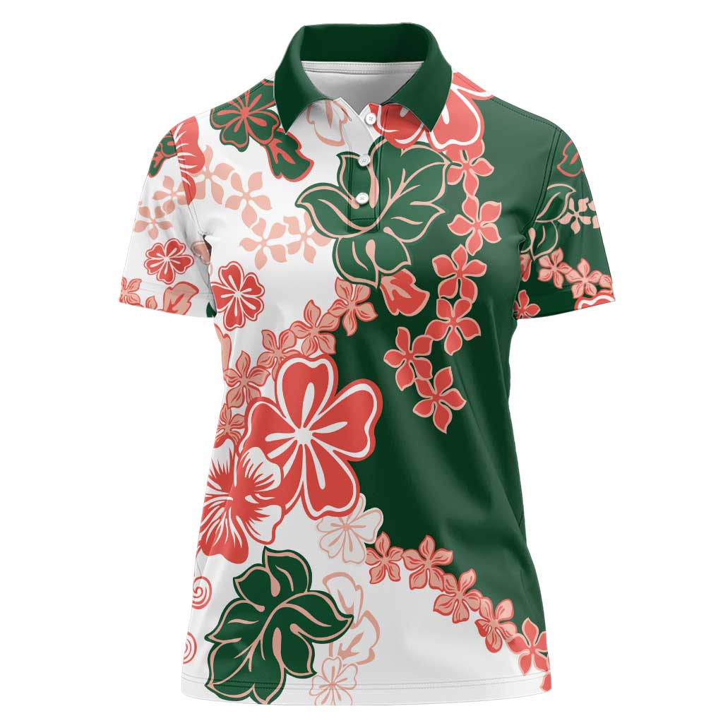 Green Orange Hibiscus Plumeria Floral Women Polo Shirt - Polynesian Pride