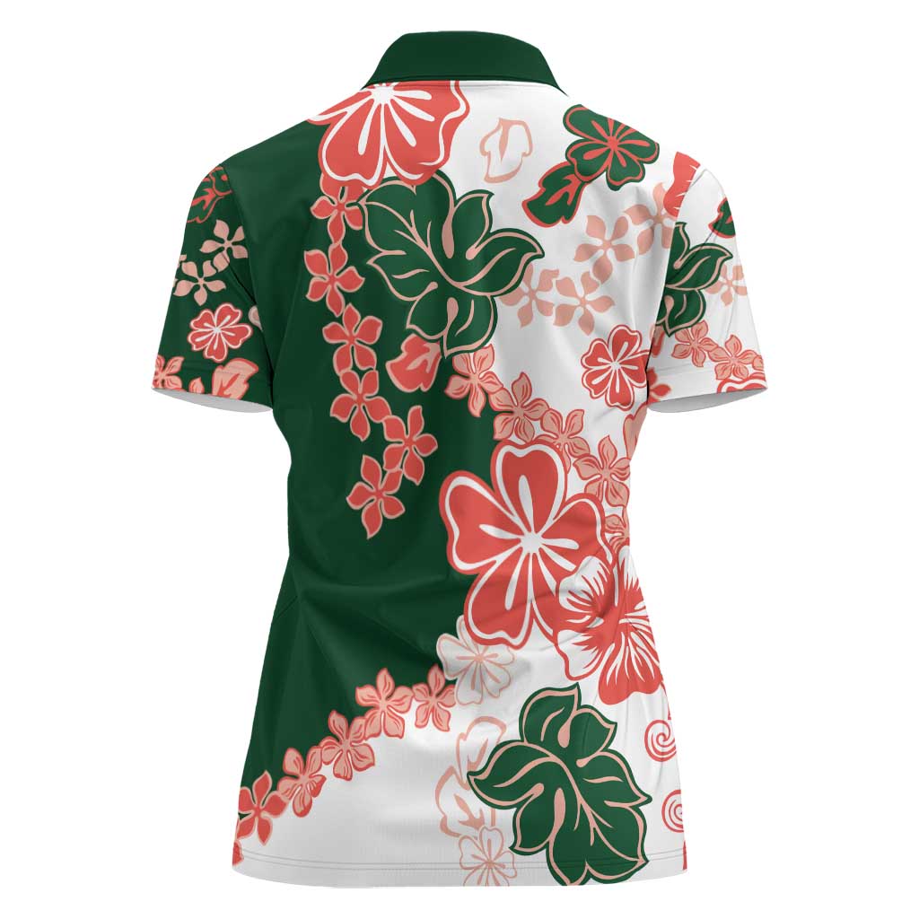 Green Orange Hibiscus Plumeria Floral Women Polo Shirt - Polynesian Pride