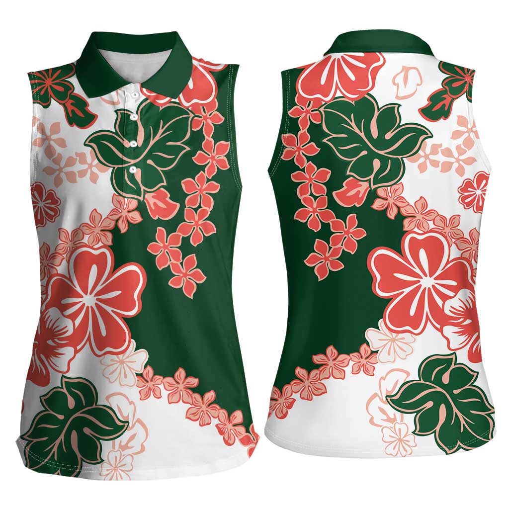 Green Orange Hibiscus Plumeria Floral Women Sleeveless Polo Shirt - Polynesian Pride