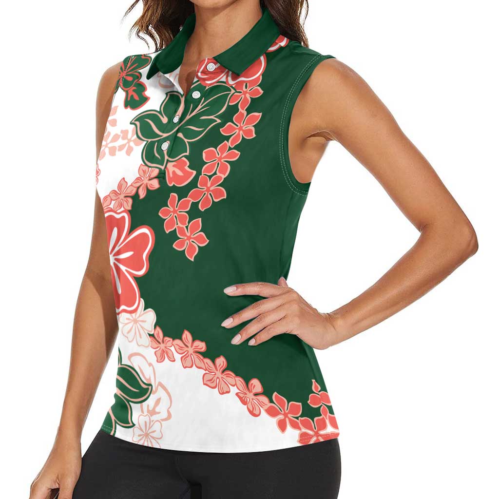 Green Orange Hibiscus Plumeria Floral Women Sleeveless Polo Shirt - Polynesian Pride