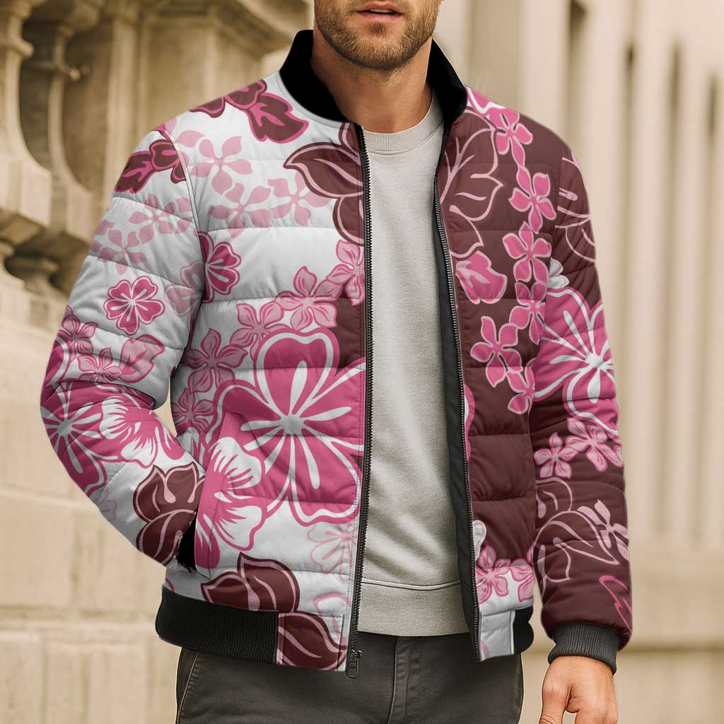 Pink Hibiscus Plumeria Floral Bomber Puffer Jacket - Polynesian Pride