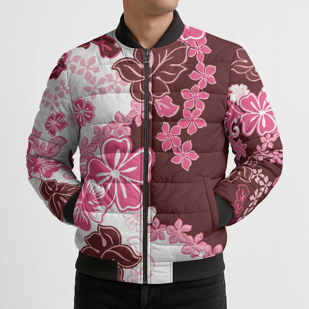 Pink Hibiscus Plumeria Floral Bomber Puffer Jacket - Polynesian Pride