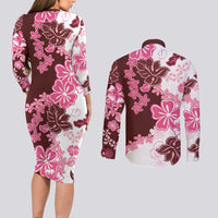 Pink Hibiscus Plumeria Floral Couples Matching Long Sleeve Bodycon Dress and Long Sleeve Button Shirt - Polynesian Pride