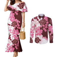 Pink Hibiscus Plumeria Floral Couples Matching Mermaid Dress and Long Sleeve Button Shirt - Polynesian Pride